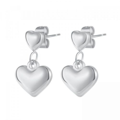 Oceľové náušnice v striebornej farbe - vypuklé srdiečka, puzetové zapínanie