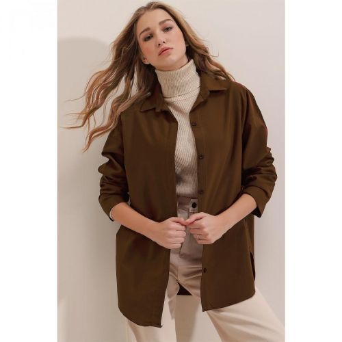 Trend Alaçatı Stili Women's Brown Oversize Long Woven Shirt