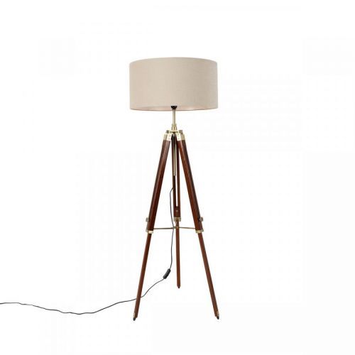 Vloerlamp messing met kap lichtbruin 50 cm tripod - Cortin