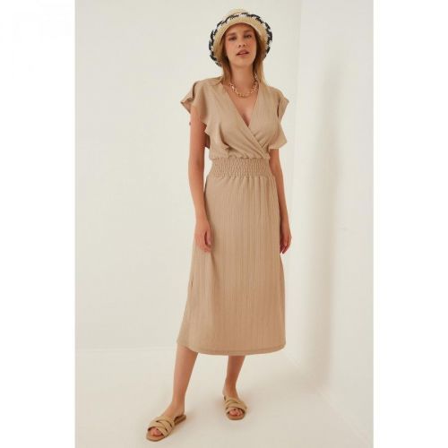 Happiness İstanbul Women's Biscuit Ruffle Textured Knitted Dress