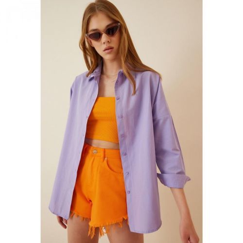 Happiness İstanbul Women's Lilac Oversize Long Basic Shirt