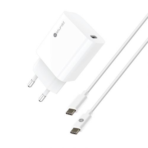 Sturdo Mini sieťová nabíjačka 20W s káblom 2x Type C 3A,1M, Power Delivery, biela