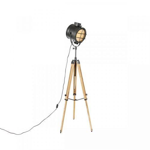 Tripod vloerlamp zwart met hout studiospot - Shiny