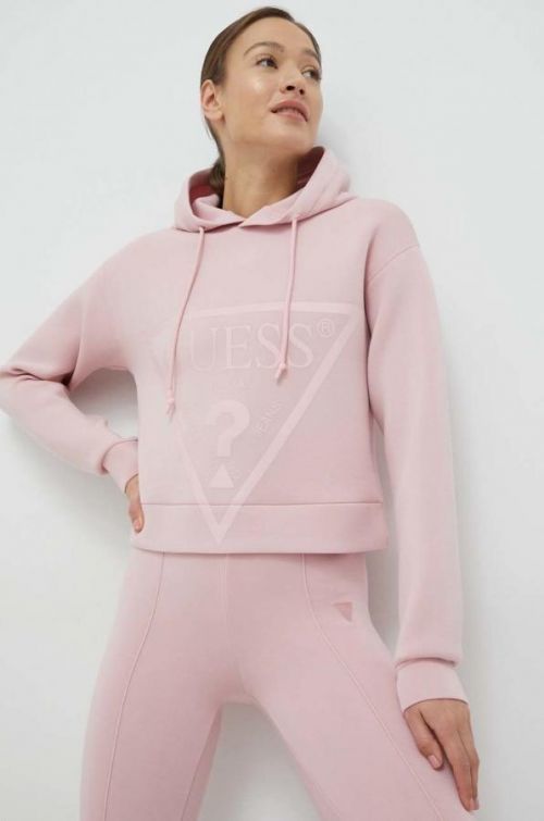 Mikina Guess dámska, ružová farba, s kapucňou, s potlačou