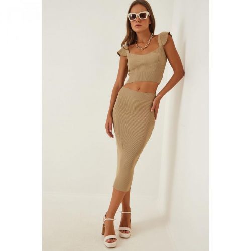 Happiness İstanbul Women's Biscuit Knitwear Flywheel Crop Skirt Set