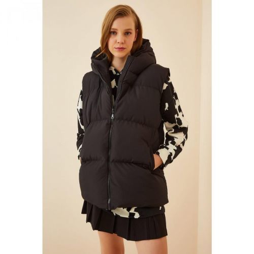 Happiness İstanbul Women's Black Hooded Oversize Inflatable Vest