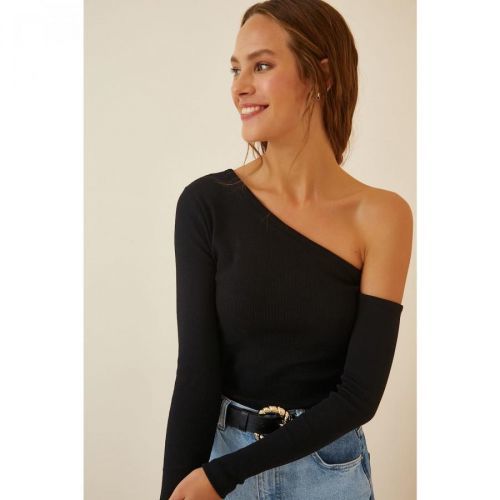 Happiness İstanbul Women's Black Open Shoulder Ribbed Knitted Blouse