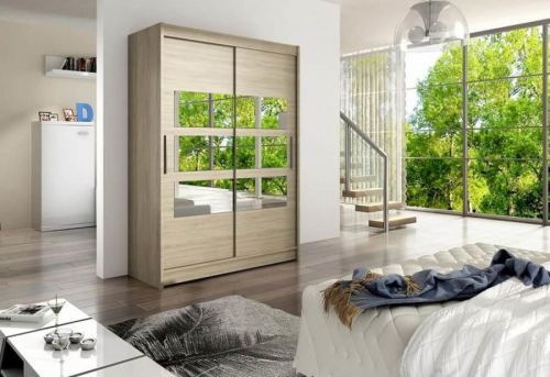 Expedo Posuvná šatníková skriňa STAWEN VII so zrkadlom, 150x200x58, Sonoma