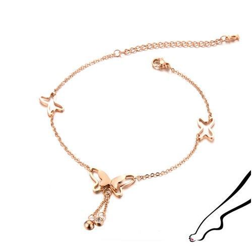 Oceľový náramok na členok - kontúra motýľov, číre zirkóny na retiazke, medená farba