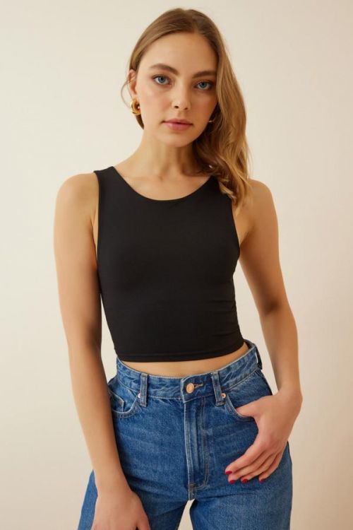 Happiness İstanbul Women's Black Strap Sandy Crop Blouse