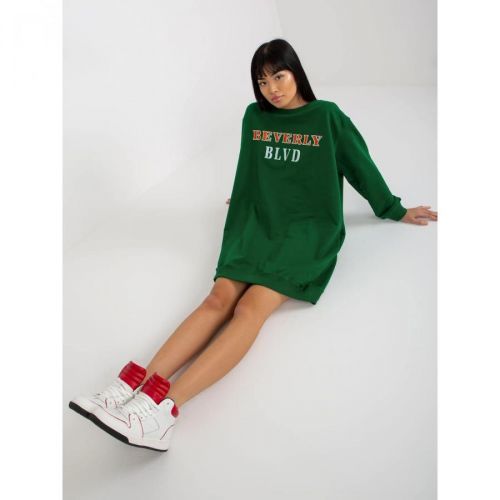 Dark green long sweatshirt with a print and an appliqué