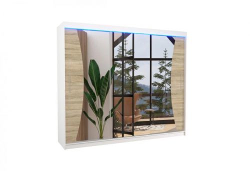 Expedo Posuvná skriňa so zrkadlom MARADONA, 250x215x58, biela/sonoma + LED