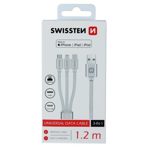 DATOVÝ KABEL SWISSTEN TEXTILE 3in1 MFi 1,2 M STŘÍBRNÝ