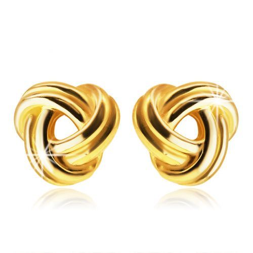 Zlaté 585 náušnice - lesklý pletenec z troch zdvojených prúžkov