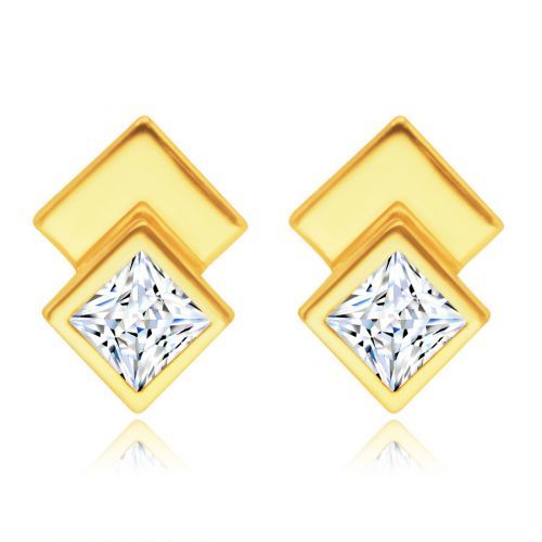 Puzetové náušnice v žltom zlate 585 - dva kosoštvorce, ligotavý zirkón čírej farby