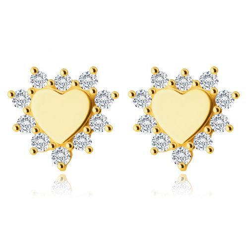 Zlaté 14K náušnice - malé srdiečko lemované lupeňmi kvetov, vykladané čírymi zirkónmi