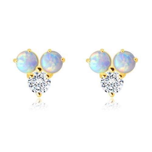 Zlaté 585 náušnice - okrúhly číry zirkón, dva biele syntetické opály s dúhovými odleskami, puzetky