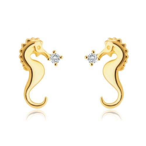 Puzetové zlaté 585 náušnice - motív morského koníka, trblietavý okrúhly zirkónik