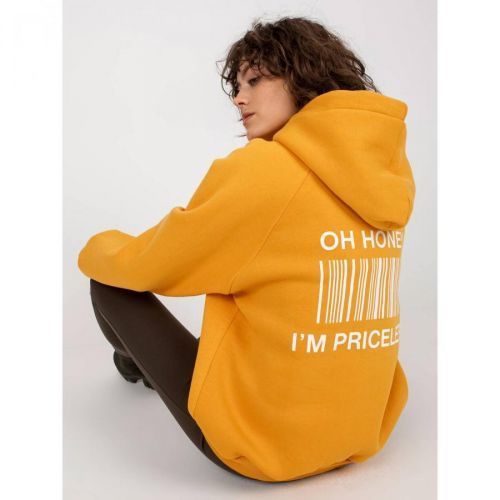 Dark yellow sweatshirt with a print on the back