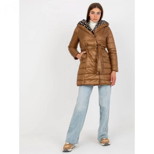 Transitional camel quilted jacket with a belt