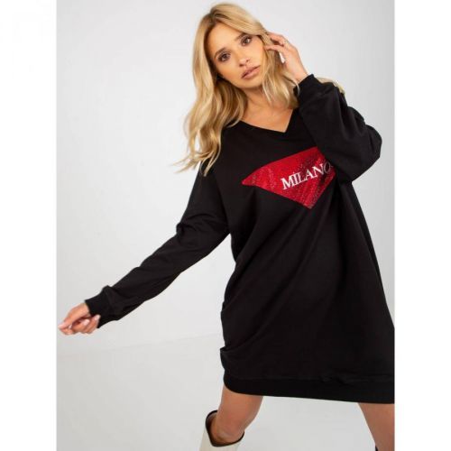 Black oversized long sweatshirt with rhinestones appliqué