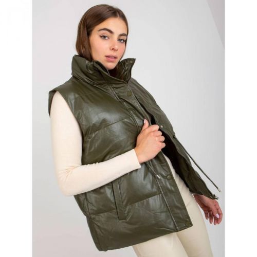Khaki down vest in eco leather with pockets