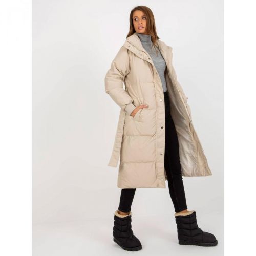 Light beige long quilted winter jacket with a belt