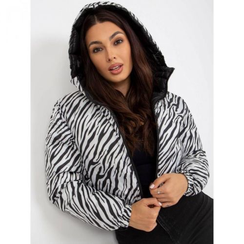 Black, reversible quilted jacket with an animal pattern