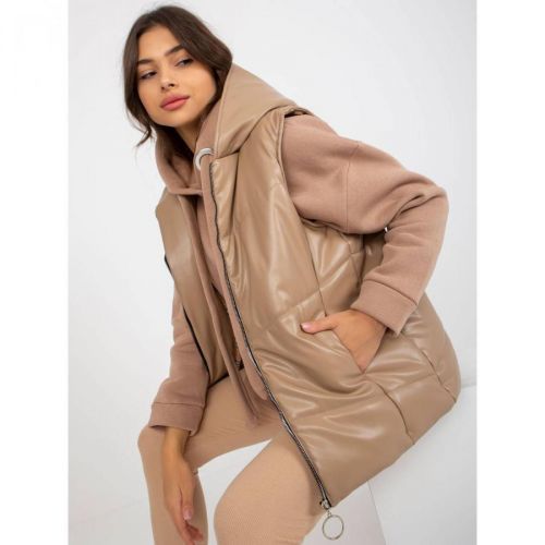 Camel down vest made of eco leather with pockets