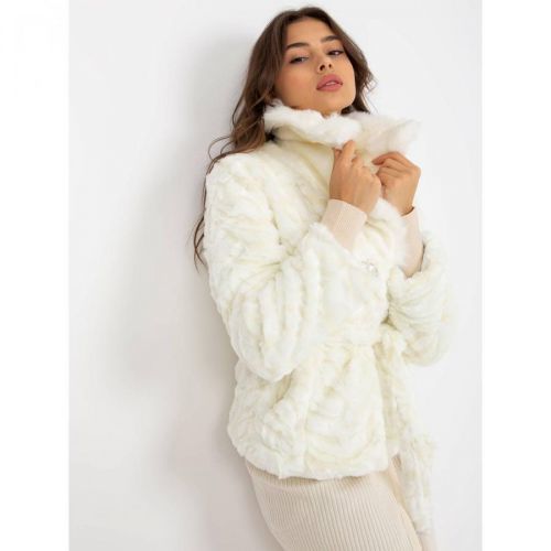 White fur winter jacket with a tie belt