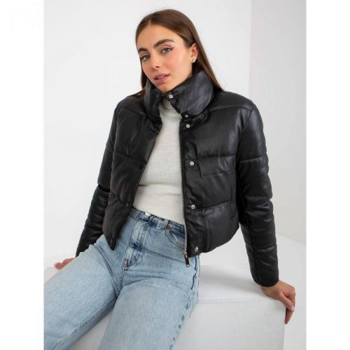 Black short down jacket made of eco-leather with pockets