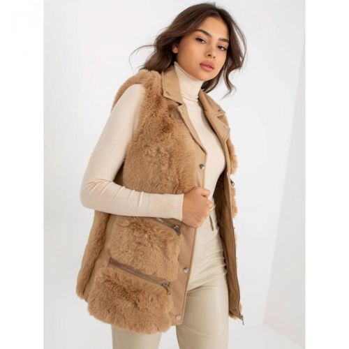 Women's camel vest made of eco leather with fur