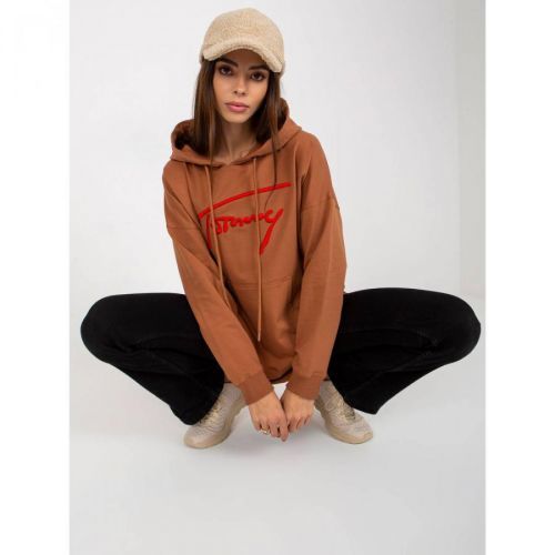 Light brown long patch kangaroo sweatshirt with a hood