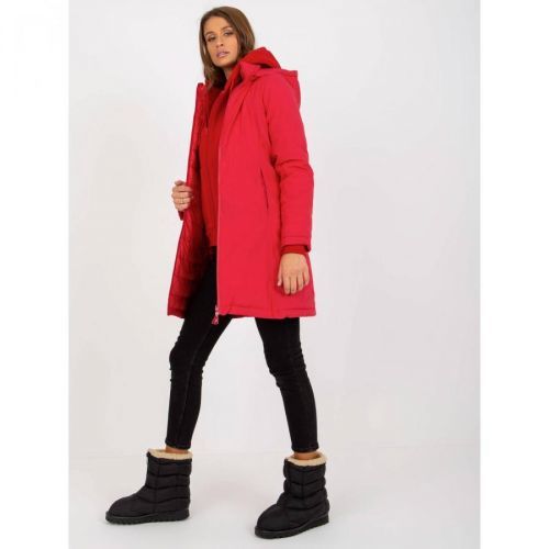 Red reversible transitional jacket with a hood