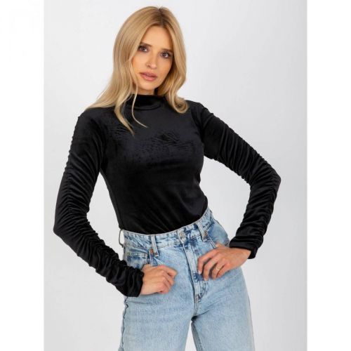 RUE PARIS black one size velor blouse with ruffles on the sleeves
