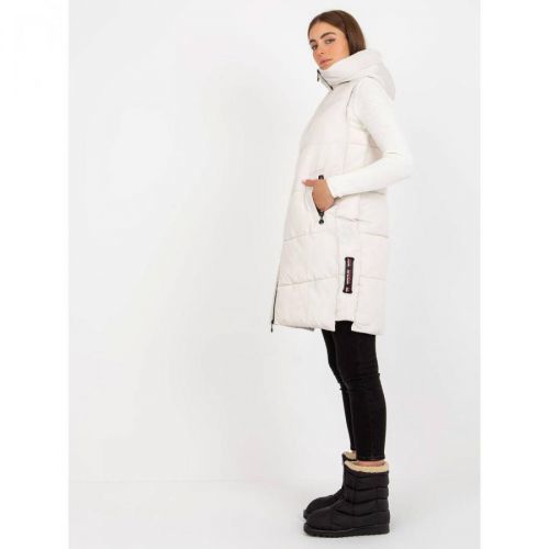 Cream long down vest with a hood