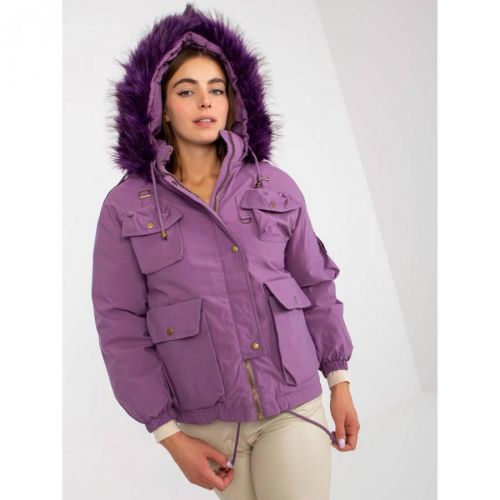 Purple down winter jacket with fur on the hood