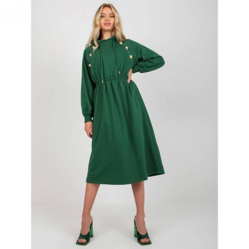 Dark green flared sweatshirt dress with a hood