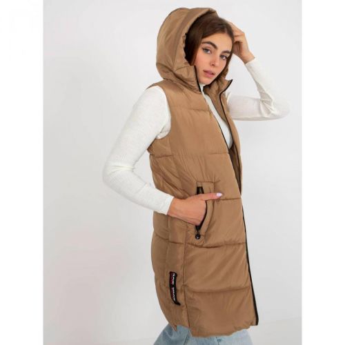Camel long down vest with pockets