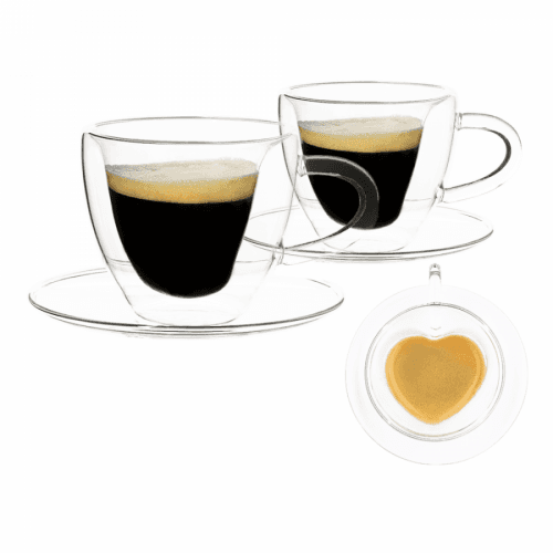 Termo sklenice, set 2 ks, šálek Heart s podšálky, ve tvaru srdce, 150 ml, HOTCOOL TYP 5