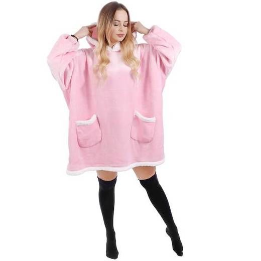 Dámska hrejivá velúrová mikina oversize 2v1 s kapucňou - ružová