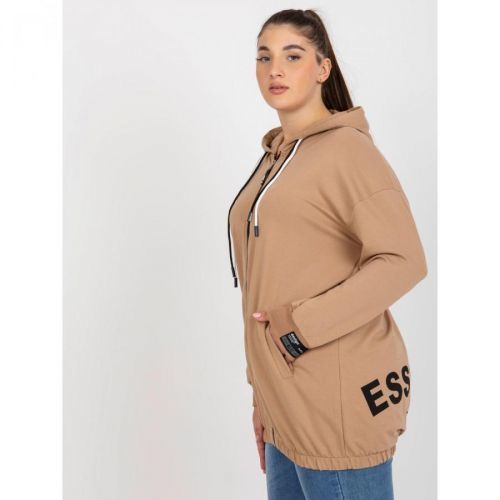 Plus size camel zip sweatshirt with text on the back