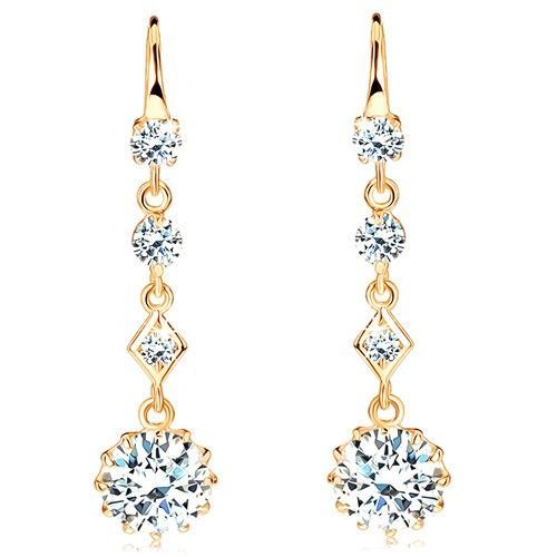Náušnice zo žltého 14K zlata - štyri číre ligotavé zirkóny, háčiky