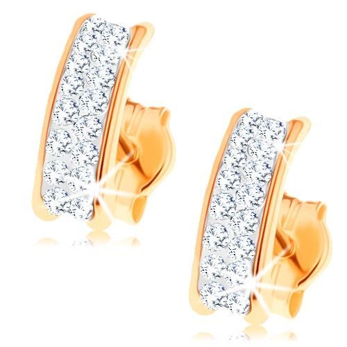 Zlaté náušnice 585 - trblietavý oblúk zo Swarovského krištáľov, lesklé okraje