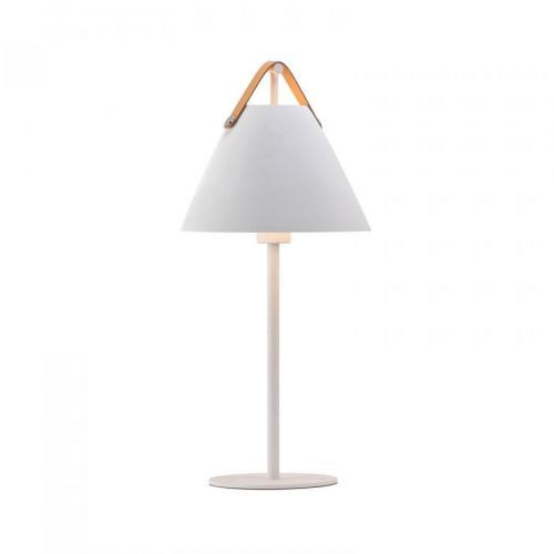 Stolová lampa Strap z kovu, s koženým pásom, biela