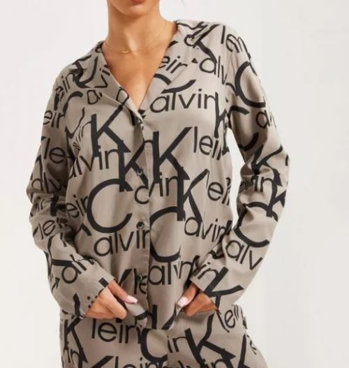 Dámsky vrchný diel pyžama QS6848E 5VM béžová / čierna - Calvin Klein S béžová s černou
