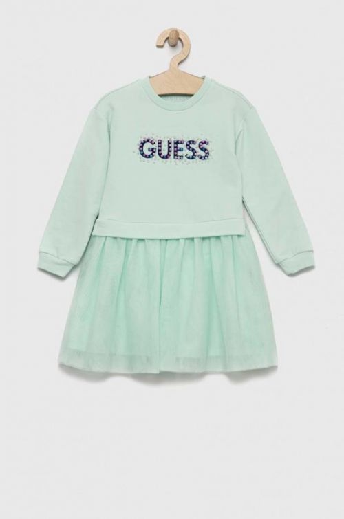 Dievčenské šaty Guess zelená farba, mini, áčkový strih