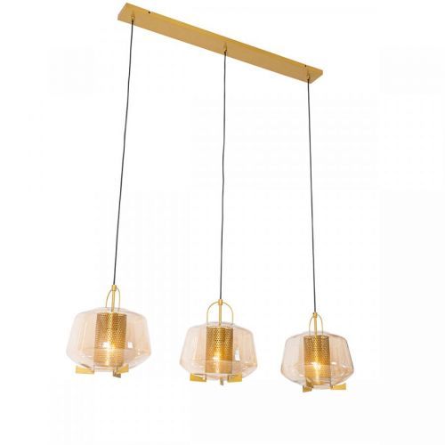 Hanglamp goud met amber glas 30 cm langwerpig 3-lichts - Kevin