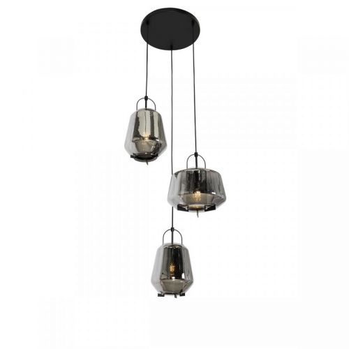 Hanglamp zwart met smoke glas rond 3-lichts - Kevin