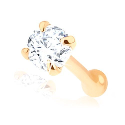 Rovný piercing do nosa v žltom 14K zlate - číry brúsený zirkónik